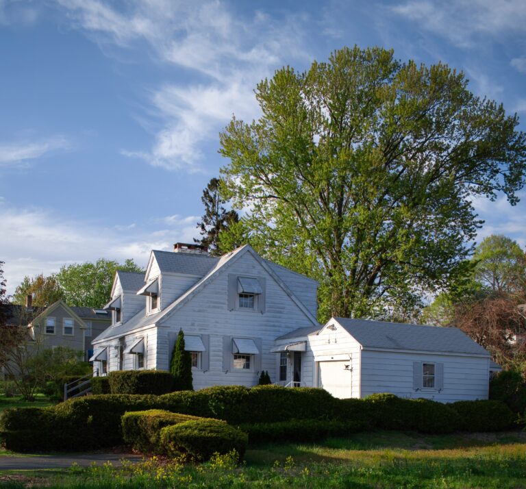 a white house sits beside a big green tree