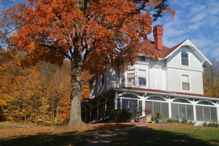 a large white house with a tree in front of it
