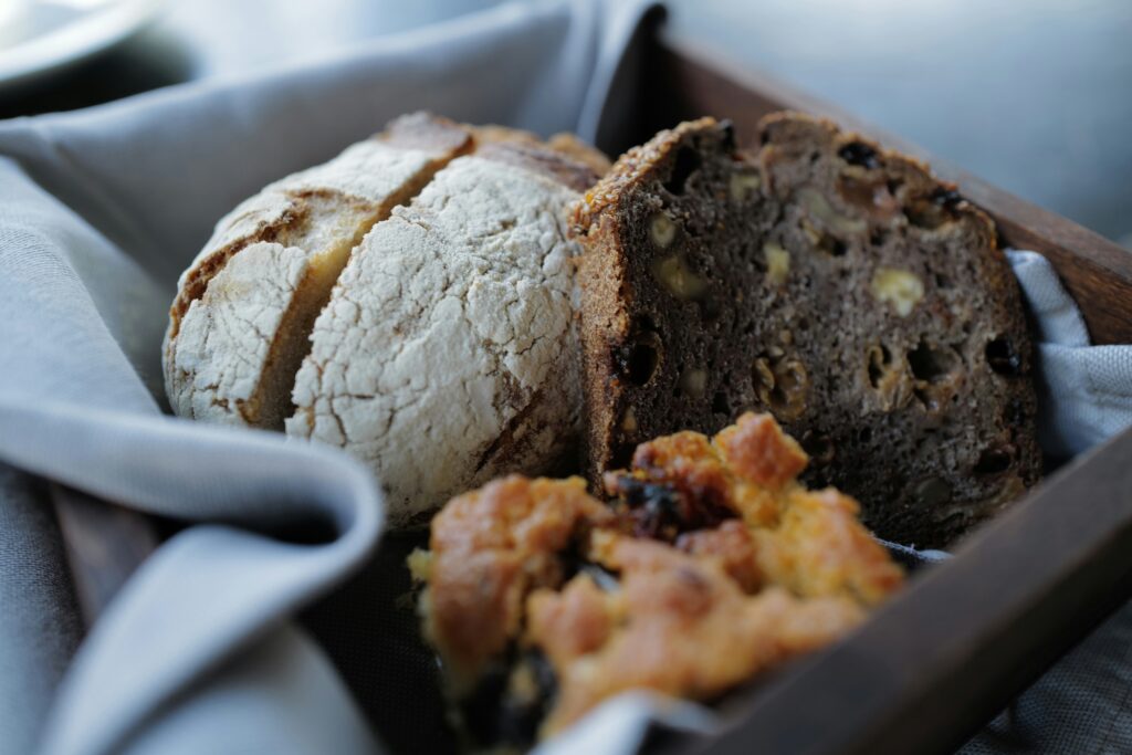 brown bread on a black wooden tray